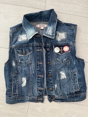 Decree Distressed Dark Blue Denim Vest with Pins